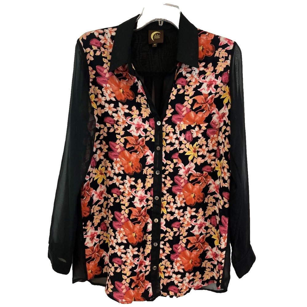 Blu Moon Women's Top Size M Floral Black Pink Sheer Back & Sleeves Oversized